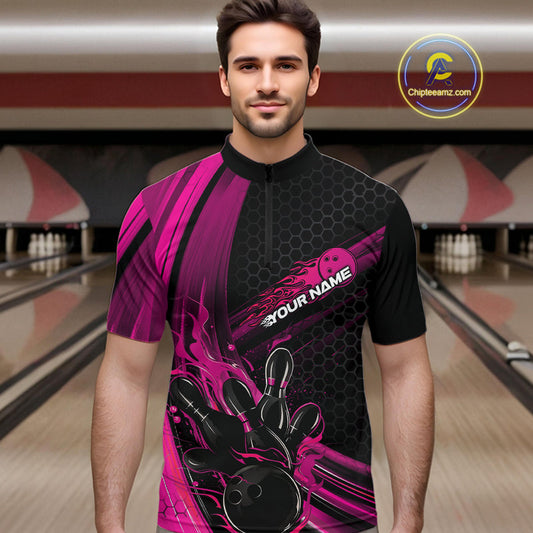Custom Black And Pink Flame Bowling Jerseys, Bowling Team Quarter-Zip Shirts For Men IPHW9886