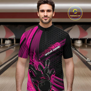 Custom Black And Pink Flame Bowling Jerseys, Bowling Team Quarter-Zip Shirts For Men IPHW9886