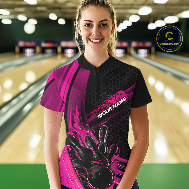Custom Black And Pink Flame Bowling Jerseys, Bowling Team Quarter-Zip Shirts For Women IPHW9886