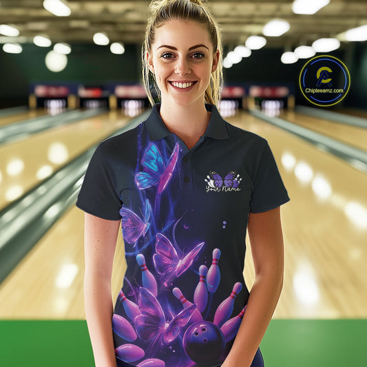 Custom Blue And Purple Butterfly Women Bowling Team Shirts, Ladies Bowling League Shirt IPHW10155