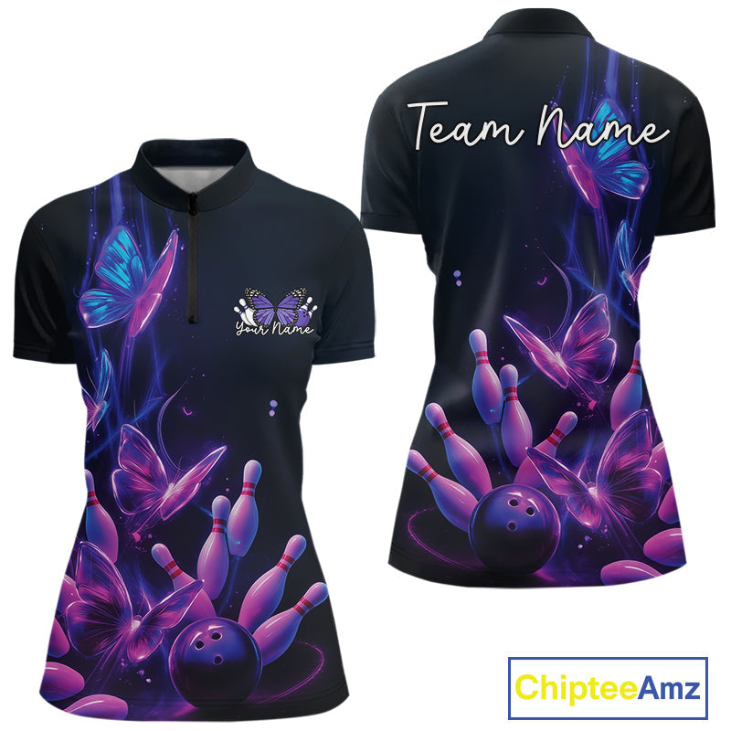 Custom Blue And Purple Butterfly Women Bowling Team Shirts, Ladies Bowling League Shirt IPHW10155