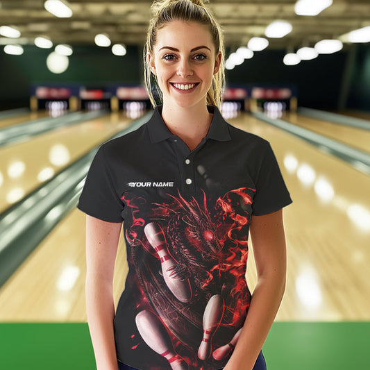 Custom Black And Red Flame Dragon Womens Bowling Polo Shirts, Bowling Tournament Team Shirt IPHW8415