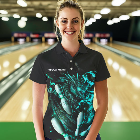 Custom Black And Blue Flame Dragon Womens Bowling Polo Shirt, Bowling Tournament Team Shirt IPHW8417