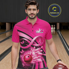 Load image into Gallery viewer, Male model in a bowling lane wearing a pink polo shirt with awareness ribbons, butterflies, and bowling graphic design.