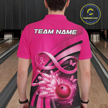 Load image into Gallery viewer, Back view of a male model in a bowling venue wearing a pink polo shirt, showcasing pink ribbon accents, butterflies, and bowling action graphics.