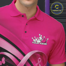 Load image into Gallery viewer, Close-up of the left chest area of a pink bowling polo shirt, featuring breast cancer awareness ribbon and butterfly-themed bowling design.