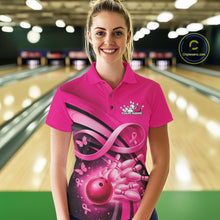 Load image into Gallery viewer, Female model in a bowling lane wearing a pink polo shirt with awareness ribbon accents, butterflies, and bowling graphics.