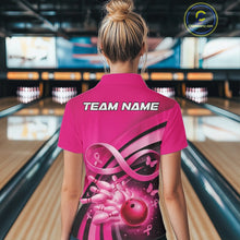 Load image into Gallery viewer, Female model in a bowling venue wearing a pink polo shirt, showcasing breast cancer awareness design with ribbons, butterflies, and bowling action artwork.