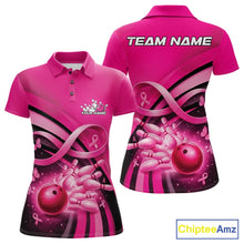 Load image into Gallery viewer, Front and back view of a womens bowling polo shirt mockup in pink, featuring breast cancer awareness ribbons, butterflies, and bowling-themed design elements.