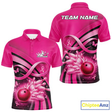 Load image into Gallery viewer, Front and back view of a mens bowling polo shirt mockup in pink, featuring breast cancer awareness ribbons, butterflies, and bowling-themed artwork.