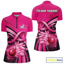 Load image into Gallery viewer, Front and back view of a pink women s bowling quarter zip featuring breast cancer awareness pink ribbons, small butterflies, and bowling-themed graphics.