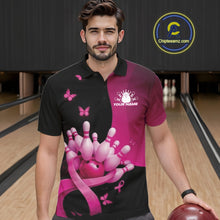 Load image into Gallery viewer, Male model in a bowling lane wearing a black and pink polo shirt with pink ribbon accents, butterflies, and bowling-themed graphics.