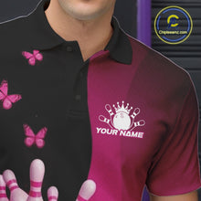 Load image into Gallery viewer, Close-up of the left chest area of a bowling polo shirt in black and pink, featuring breast cancer awareness ribbons, butterflies, and bowling graphic details.