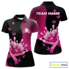 Load image into Gallery viewer, Front and back view of a womens bowling polo shirt mockup in black and pink, featuring breast cancer awareness pink ribbons, butterflies, and bowling graphics.