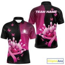 Load image into Gallery viewer, Front and back view of a mens bowling polo shirt mockup in black and pink, featuring breast cancer awareness pink ribbons, butterflies, and bowling graphics.