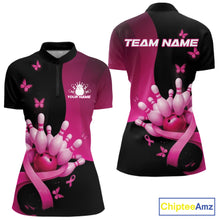 Load image into Gallery viewer, Women s black and pink bowling quarter zip mockup displayed from front and back with breast cancer awareness pink ribbons, butterflies, and bowling graphics.