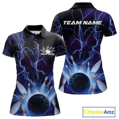 Custom Blue Thunder Lightning Bowling Ball And Pins Polo Shirts For Women, Team Uniform IPHW9507