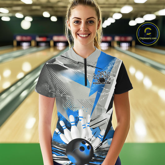 Custom Blue And Gray Geometric Bowling Jerseys Bowling Team Quarter-Zip Shirts For Women IPHW9509