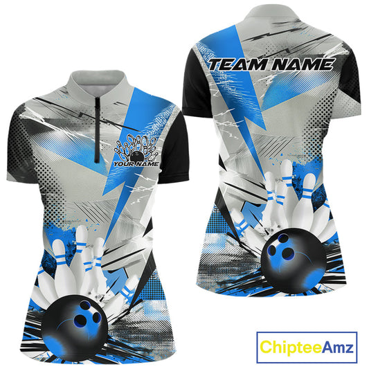 Custom Blue And Gray Geometric Bowling Jerseys Bowling Team Quarter-Zip Shirts For Women IPHW9509