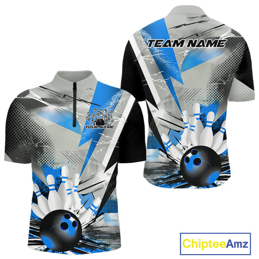 Custom Blue And Gray Geometric Bowling Jerseys Bowling Team Quarter-Zip Shirts For Men IPHW9509