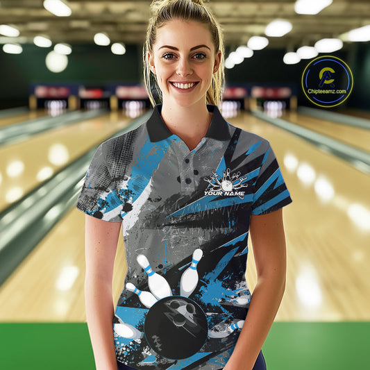 Custom Grunge Blue Bowling Polo Shirts For Women, Vintage Bowling Team Shirts IPHW9512