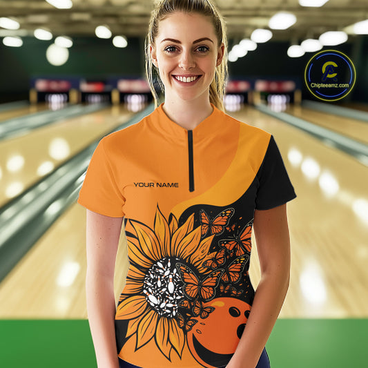 Custom Butterfly Sunflower Bowling Women Shirt, Sunflower Women Bowling Tournament Shirt IPHW10265