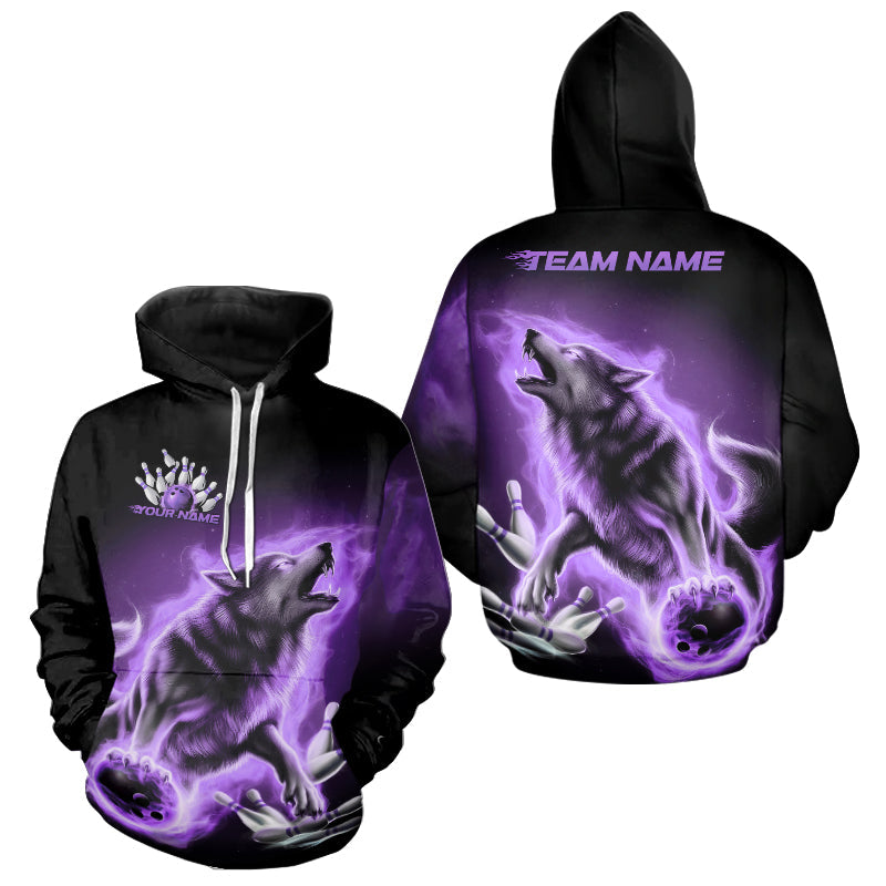 Custom Purple Fire Flaming Wolf Bowling Hoodie Shirts For Men And Women, Wolf Bowling TournaMen And Woment Shirt IPHW8428