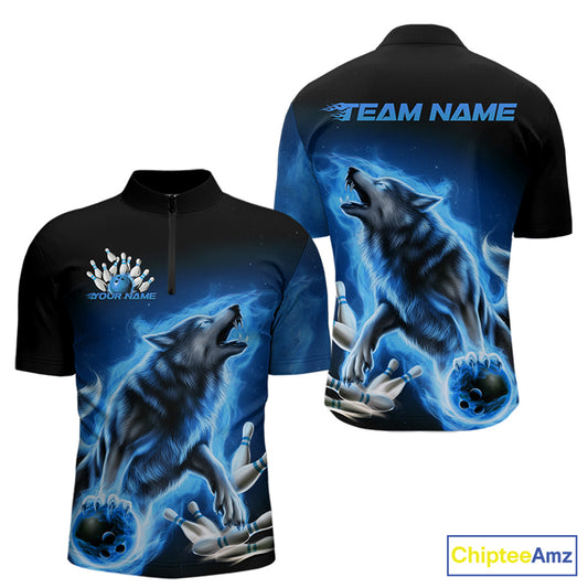 Custom Blue Fire Flaming Wolf Bowling Quarter-Zip Shirts For Men, Wolf Bowling Tournament Shirt IPHW8429