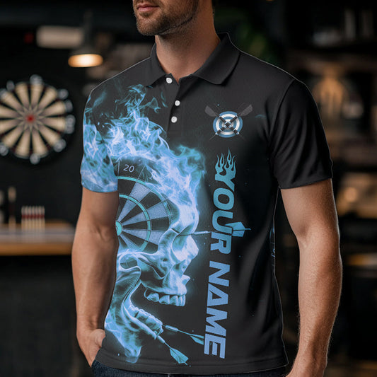 Custom Black And Blue Flame Skull Dart Men Polo Shirts, Halloween Dart Team Outfit IPHW8435