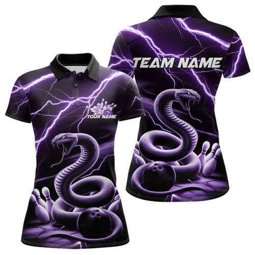 Custom Black And Purple Thunder Lightning Snake Bowling Polo Shirts For Women, Team Outfits IPHW8648