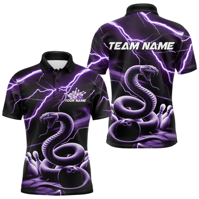 Custom Black And Purple Thunder Lightning Snake Bowling Polo Shirts For Men, Team Outfits IPHW8648