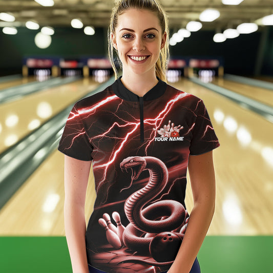 Custom Black And Red Thunder Lightning Snake Bowling Team Quarter-Zip Shirts For Women IPHW8649
