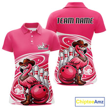 Load image into Gallery viewer, Front and back view of a pink women’s bowling polo shirt featuring a cowboy flamingo leaning on a bowling ball.