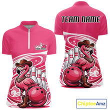 Load image into Gallery viewer, Front and back display of a pink women’s bowling quarter-zip shirt showcasing a cowboy flamingo leaning on a bowling ball.