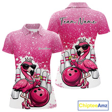 Load image into Gallery viewer, Front and back view of a pink women’s bowling polo shirt showcasing a crowned flamingo holding a cocktail beside a bowling ball on a paint splatter background.