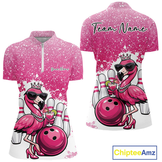 Front and back mockup of a pink women’s bowling quarter-zip shirt showcasing a crowned flamingo holding a cocktail beside a bowling ball on a paint splatter background.