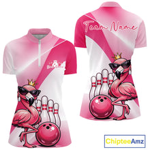 Load image into Gallery viewer, Front and back view of a pink women’s bowling quarter-zip shirt featuring a crowned flamingo wearing sunglasses beside a bowling ball.