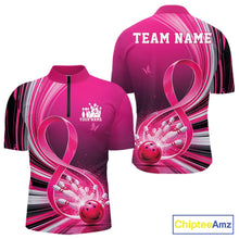 Load image into Gallery viewer, Front and back mockup of a mens pink bowling quarter zip featuring breast cancer awareness ribbon artwork and bowling graphics