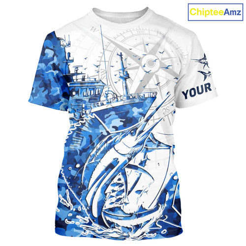 Custom Blue Camo Saltwater Sailfish Fishing T-Shirts, Offshore Fishing T-Shirt IPHW9168