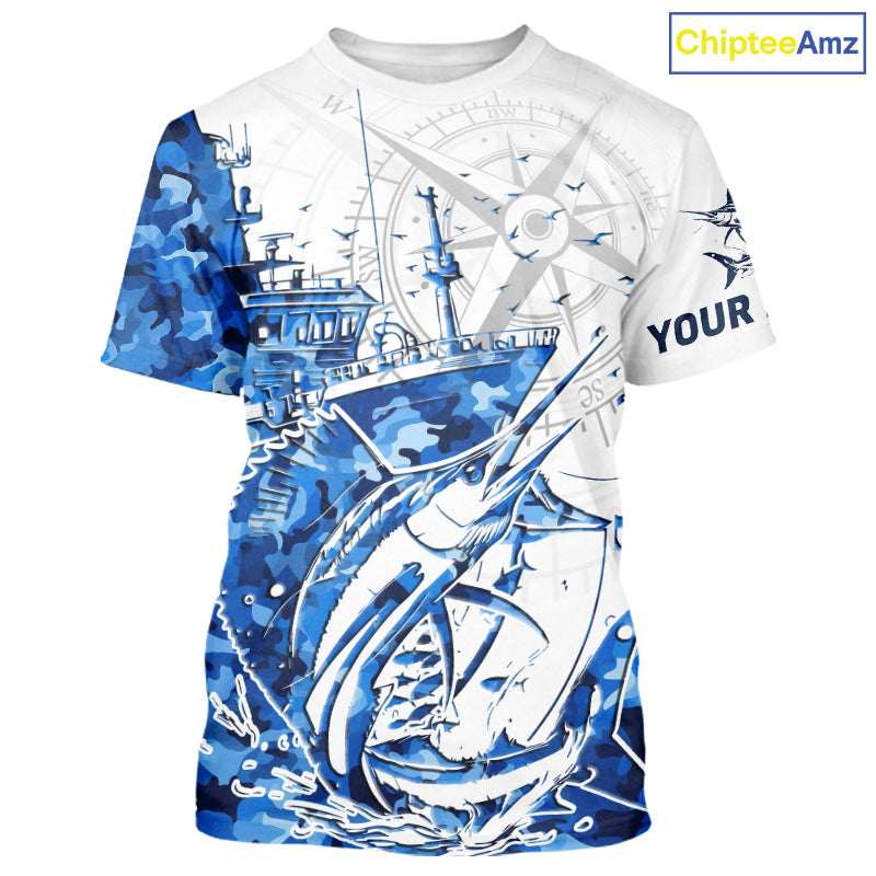 Custom Blue Camo Saltwater Sailfish Fishing T-Shirts, Offshore Fishing T-Shirt IPHW9168