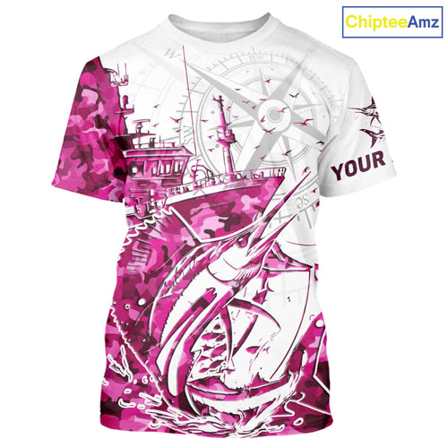 Custom Pink Camo Saltwater Sailfish Fishing T-Shirts, Offshore Fishing T-Shirt IPHW9169