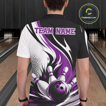 Load image into Gallery viewer, Back view of a male model wearing a white, black, and purple bowling polo shirt with a flaming bowling ball striking pins graphic inside a bowling lane.