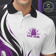 Load image into Gallery viewer, Close-up of the left chest on a white, black, and purple bowling polo shirt featuring a flaming bowling ball striking pins graphic.