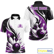 Load image into Gallery viewer, Front and back view of a men's bowling polo shirt mockup showcasing a flaming bowling ball striking pins design on a white, black, and purple shirt.