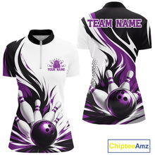 Load image into Gallery viewer, Front and back view of a women's bowling quarter zip mockup featuring a flaming bowling ball striking pins design on a white, black, and purple shirt.