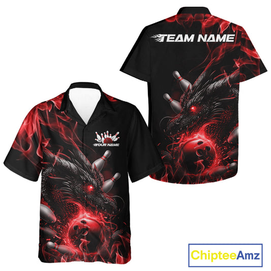 Custom Black And Red Flame Dragon Bowling Men And Women Hawaiian Shirt, Dragon Bowling League Shirt IPHW10272
