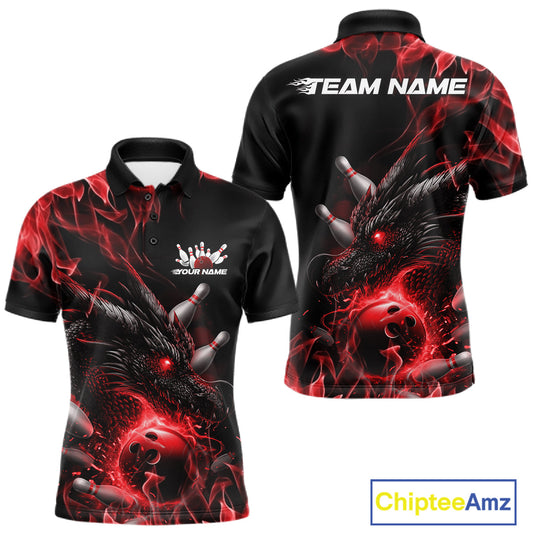Custom Black And Red Flame Dragon Bowling Men Polo Shirt, Dragon Bowling League Shirt IPHW10272