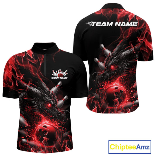 Custom Black And Red Flame Dragon Bowling Men Quarter-Zip Shirt, Dragon Bowling League Shirt IPHW10272