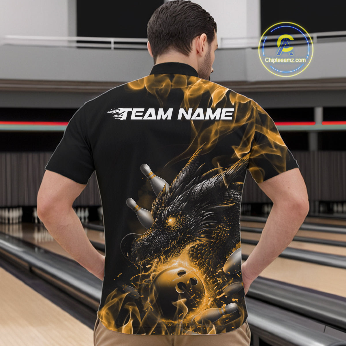 Custom Black And Gold Flame Dragon Bowling Men Quarter-Zip Shirt, Dragon Bowling League Shirt IPHW10274