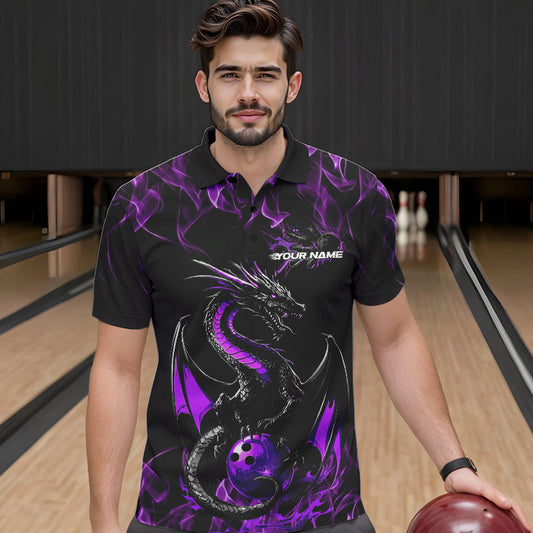 Custom Black And Purple Flame Dragon Bowling Team Polo Shirts For Men, Bowling League Shirt IPHW8654
